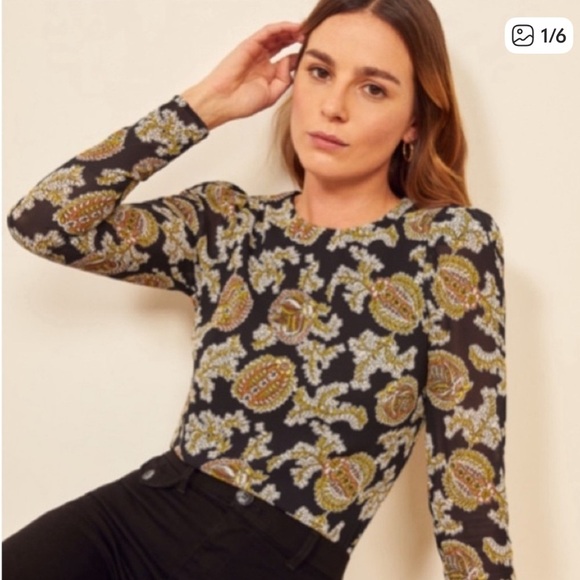 Reformation Sz XS Talia Top Black Floral Puff Shoulder Sleeves EUC - Picture 2 of 12